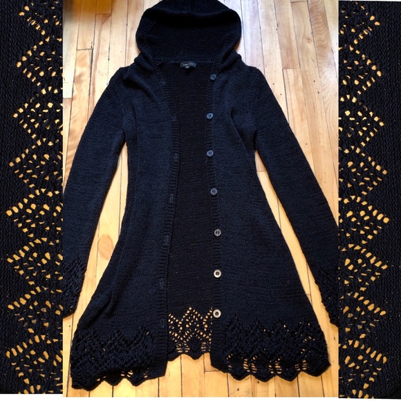 BCBGMaxAzria Sweaters - BCBG Hooded Black Crochet Cardigan Duster Whimsigoth Jirai Kei Gothic Fashion